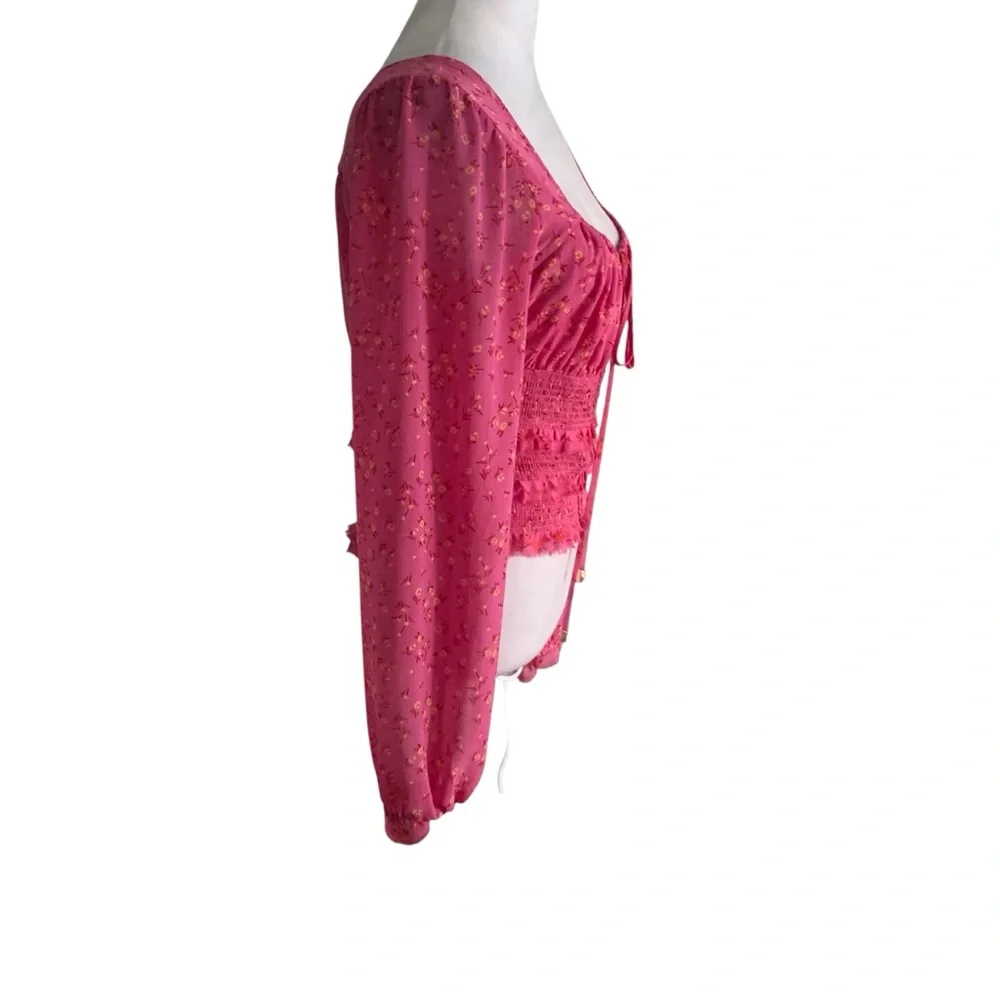 Free People Small Pink Floral Long Sleeve Milkmaid Festival Boho Blouse Top
